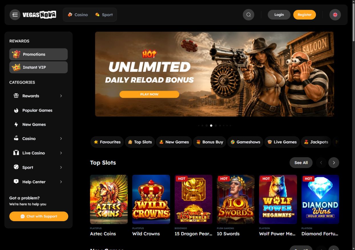 Vegas Nova Casino: internationale Lobby mit Slots, Live Casino und Spielekategorien